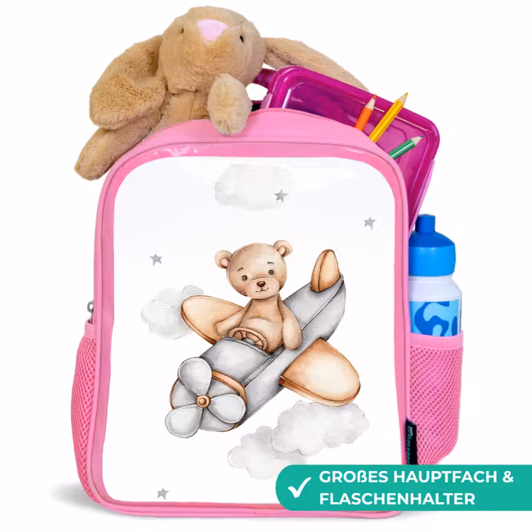 Beer - Vliegtuig - Sterren - Kinderen Kinderrugzak - Roze middel -inhoud_DE