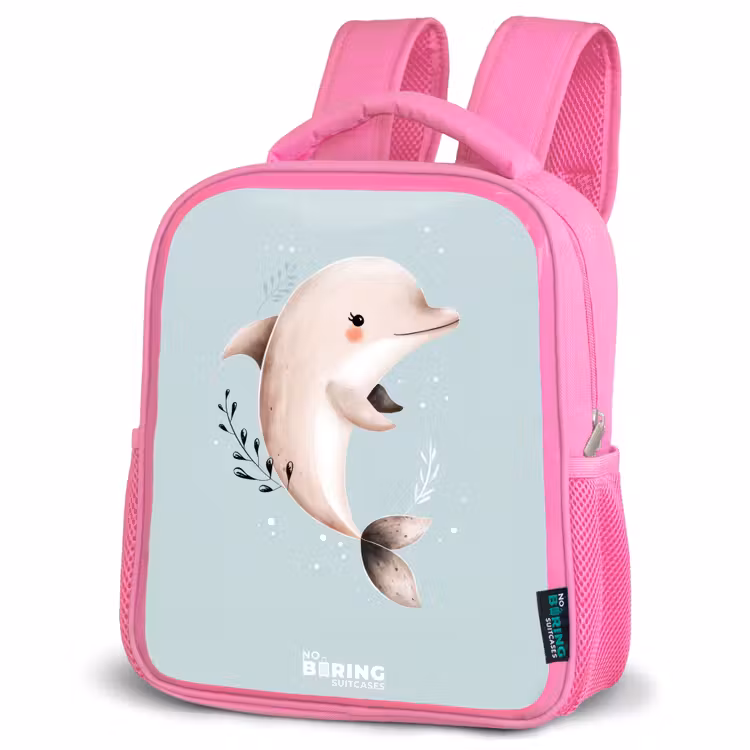 Beige dolfijn in blauw water Kinderrugzak - Roze middel -schuin