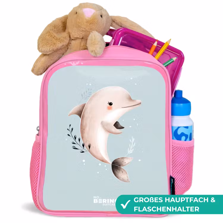 Beige dolfijn in blauw water Kinderrugzak - Roze middel -inhoud_DE