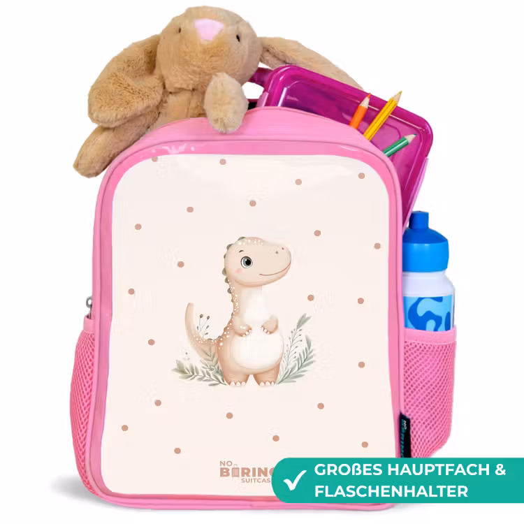 Beige dino op een stippen achtergrond Kinderrugzak - Roze middel -inhoud_DE