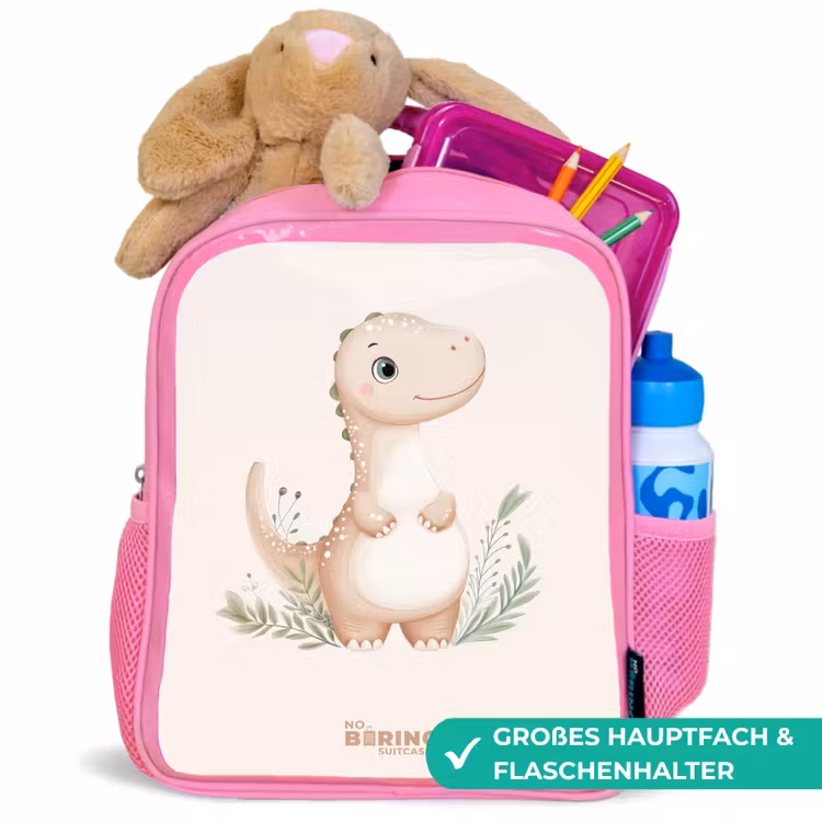 Beige dinosaurus met groene blaadjes Kinderrugzak - Roze middel -inhoud_DE