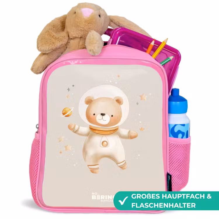 Beige ruimtebeer zweeft tussen sterren Kinderrugzak - Roze middel -inhoud_DE