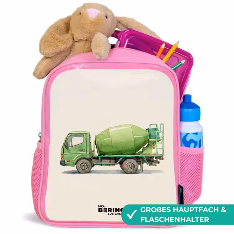 Betonmixer - Getekend - Groen Kinderrugzak - Roze middel -inhoud_DE