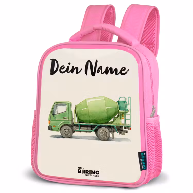 Betonmixer - Getekend - Groen Kinderrugzak - Roze middel -schuin