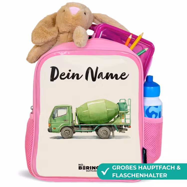 Betonmixer - Getekend - Groen Kinderrugzak - Roze middel -inhoud_DE