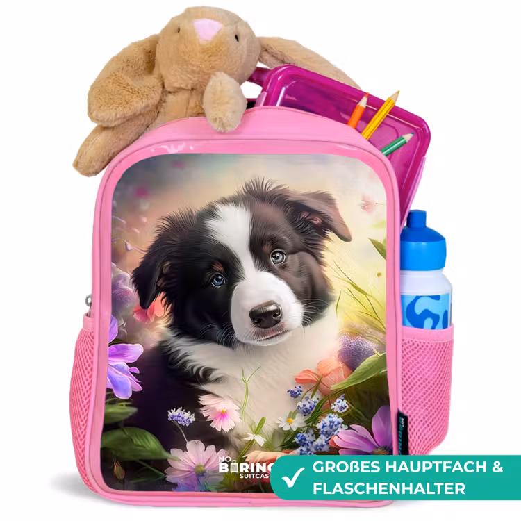 Hond met blauwe ogen in een veld Kinderrugzak - Roze middel -inhoud_DE