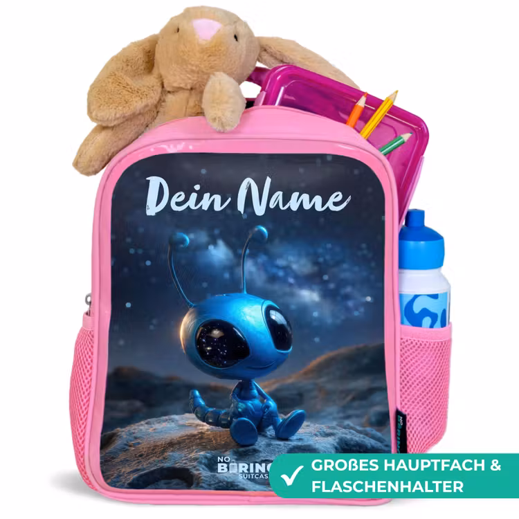 Blauw buitenaards wezentje onder sterrenhemel Kinderrugzak - Roze middel -inhoud_DE