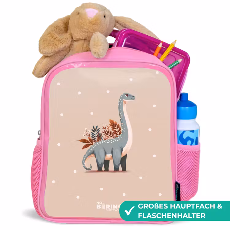Blauwe dinosaurus op een beige stippenachtergrond Kinderrugzak - Roze middel -inhoud_DE