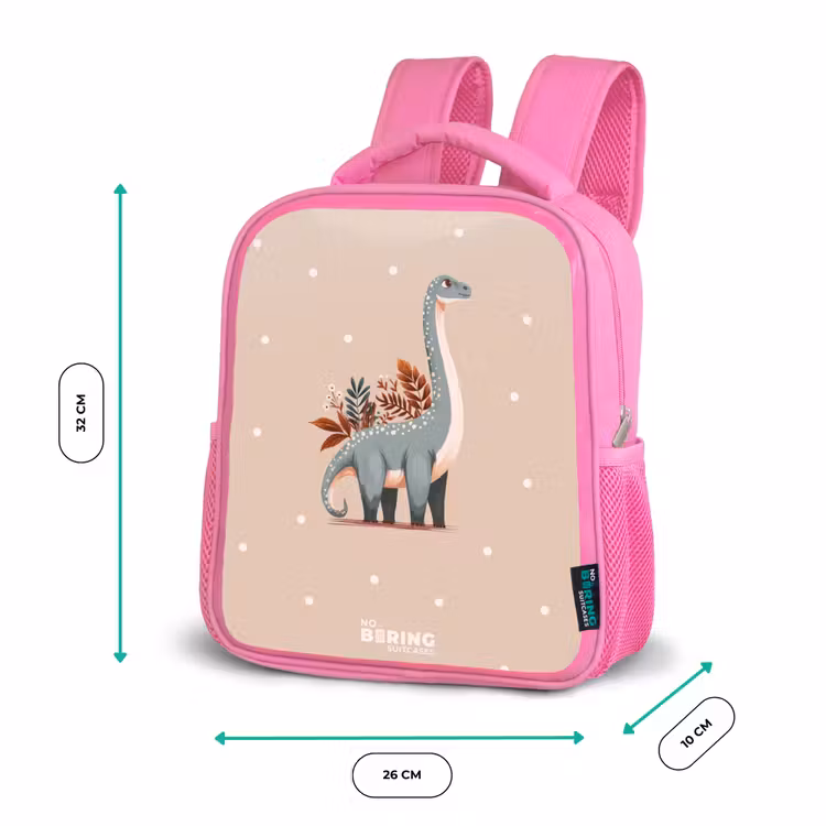 Blauwe dinosaurus op een beige stippenachtergrond Kinderrugzak - Roze middel -productfoto_formaten