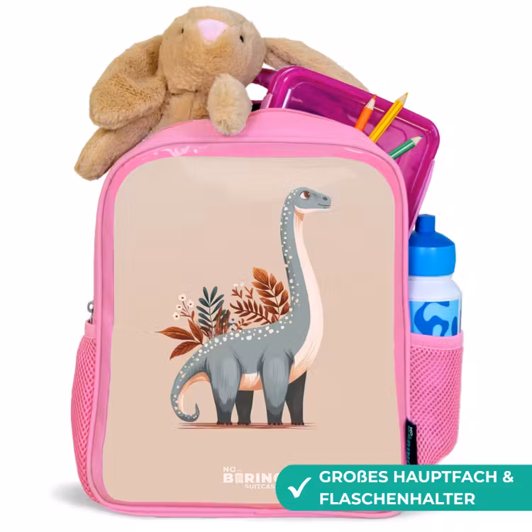 Blauwe dinosaurus op een beige achtergrond Kinderrugzak - Roze middel -inhoud_DE