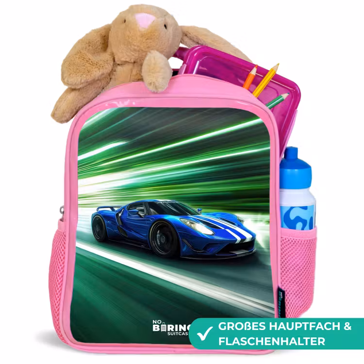 Blauwe raceauto met strepen in groene tunnel Kinderrugzak - Roze middel -inhoud_DE