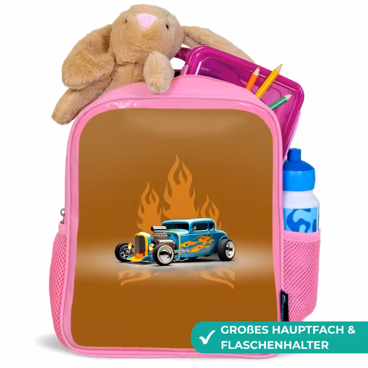 Blauwe auto met gele vlammen Kinderrugzak - Roze middel -inhoud_DE