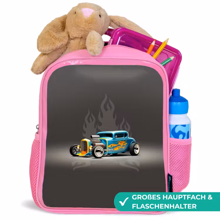 Blauwe auto met grijze vlammen Kinderrugzak - Roze middel -inhoud_DE
