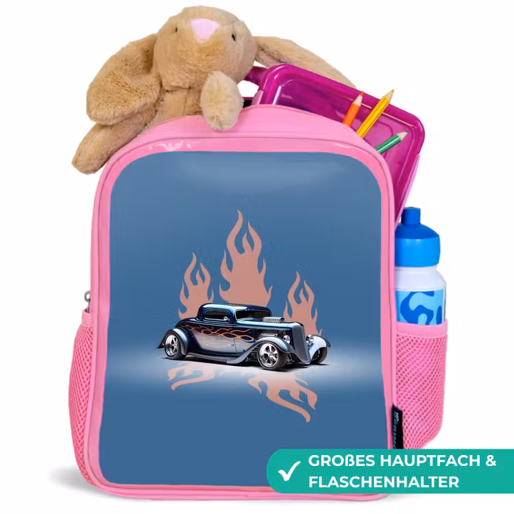 Blauwe auto met roze vlammen Kinderrugzak - Roze middel -inhoud_DE