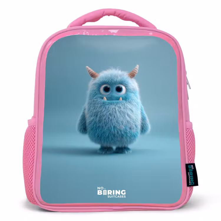 Blauw pluizig monster met hoorns Kinderrugzak - Roze middel -3d