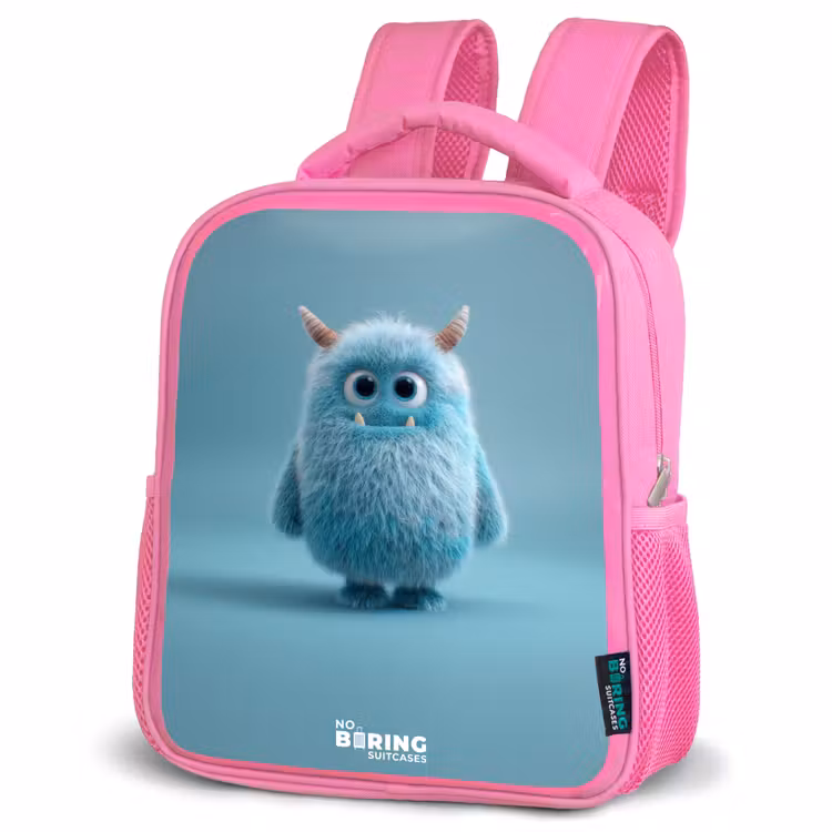 Blauw pluizig monster met hoorns Kinderrugzak - Roze middel -schuin
