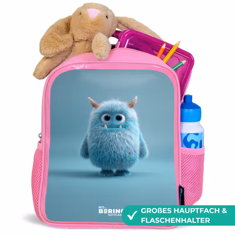 Blauw pluizig monster met hoorns Kinderrugzak - Roze middel -inhoud_DE