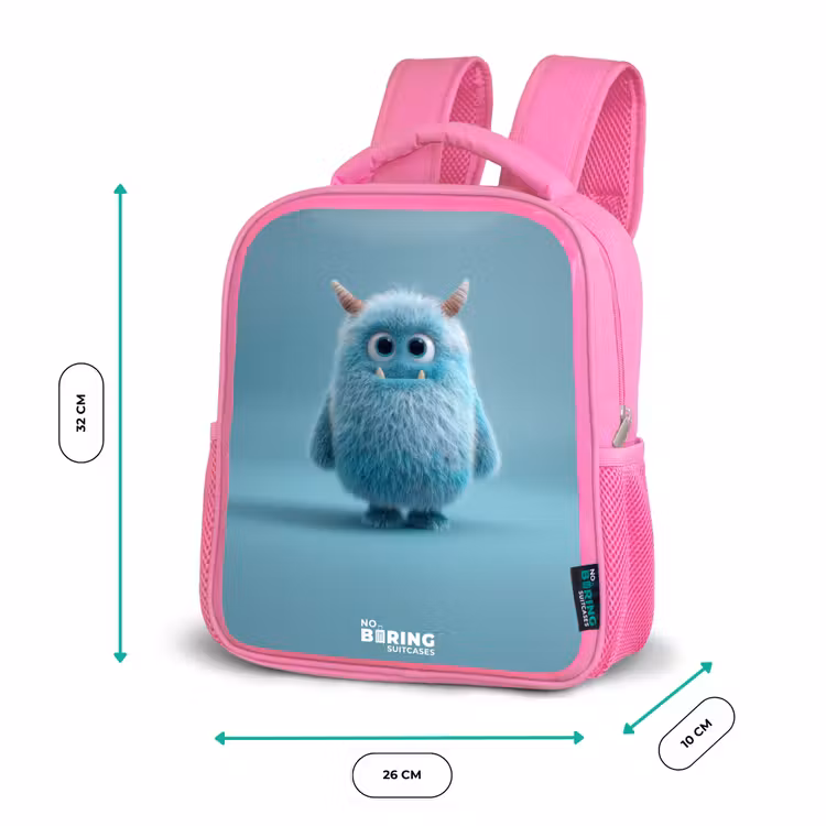 Blauw pluizig monster met hoorns Kinderrugzak - Roze middel -productfoto_formaten