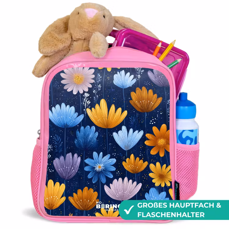 Bloemen op een donkerblauwe achtergrond Kinderrugzak - Roze middel -inhoud_DE