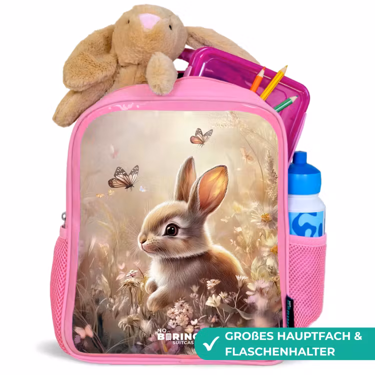 Bloemen - Bruin - Konijntje - Vlinder Kinderrugzak - Roze middel -inhoud_DE