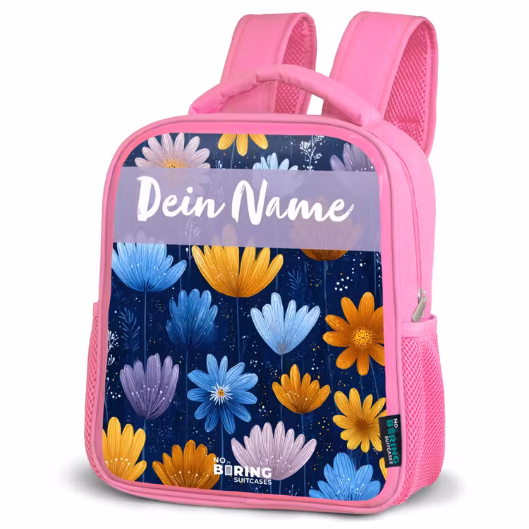 Bloemen - Patroon - Blauw Kinderrugzak - Roze middel -schuin