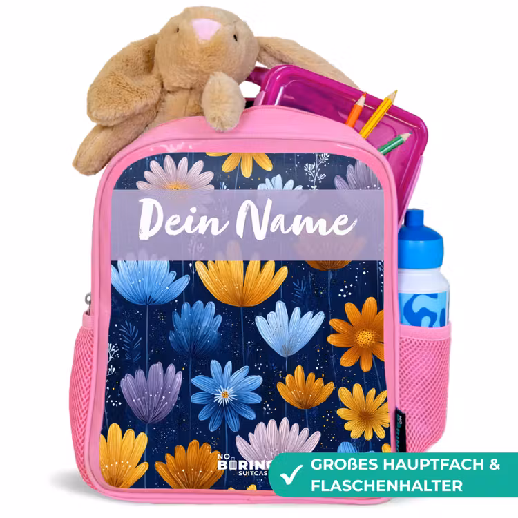 Bloemen - Patroon - Blauw Kinderrugzak - Roze middel -inhoud_DE