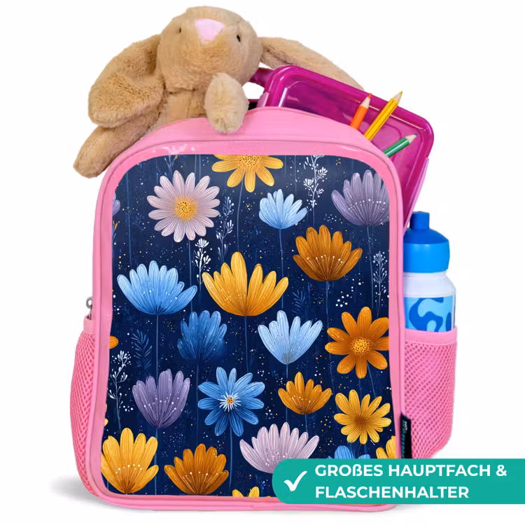Bloemen - Patroon - Blauw - Contrast Kinderrugzak - Roze middel -inhoud_DE