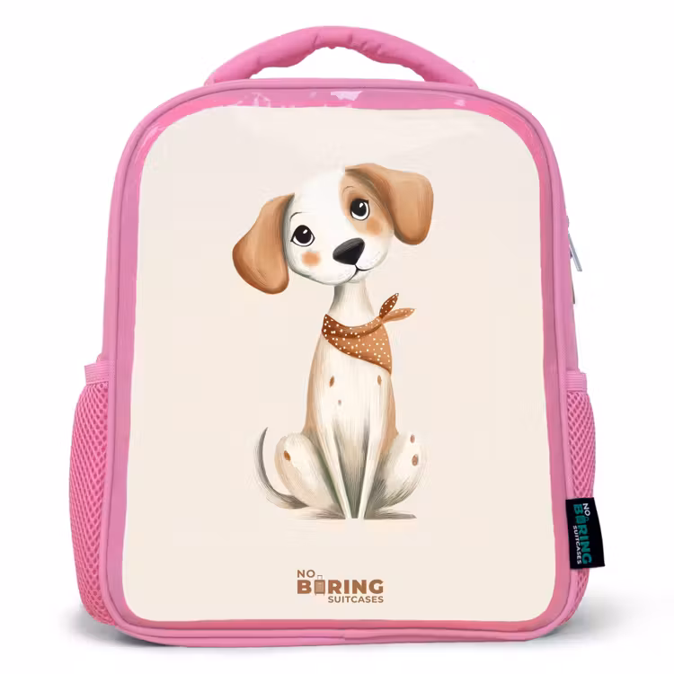 Bruin gevlekte pup op een beige achtergrond Kinderrugzak - Roze middel -3d
