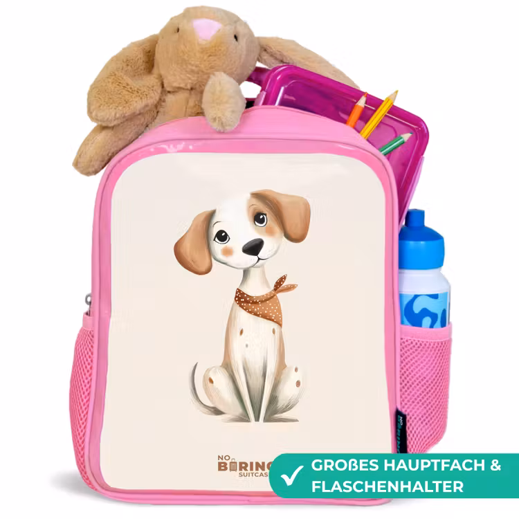 Bruin gevlekte pup op een beige achtergrond Kinderrugzak - Roze middel -inhoud_DE