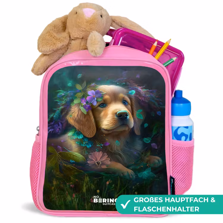 Bruine hond tussen de bloemen Kinderrugzak - Roze middel -inhoud_DE