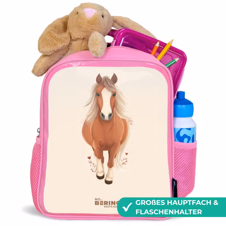 Bruin paard in gallop Kinderrugzak - Roze middel -inhoud_DE