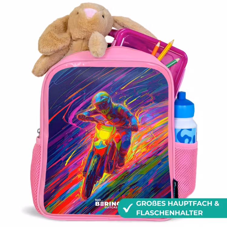 Crossmotor - Neonkleuren - Lijnen - Helm Kinderrugzak - Roze middel -inhoud_DE