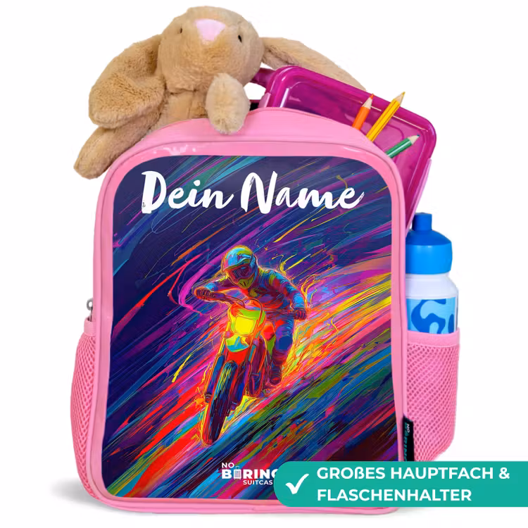 Crossmotor - Neonkleuren - Lijnen - Helm Kinderrugzak - Roze middel -inhoud_DE