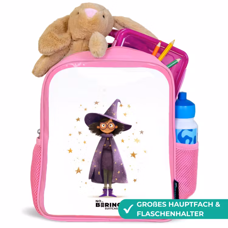 De paarse tovenaarsmantel Kinderrugzak - Roze middel -inhoud_DE