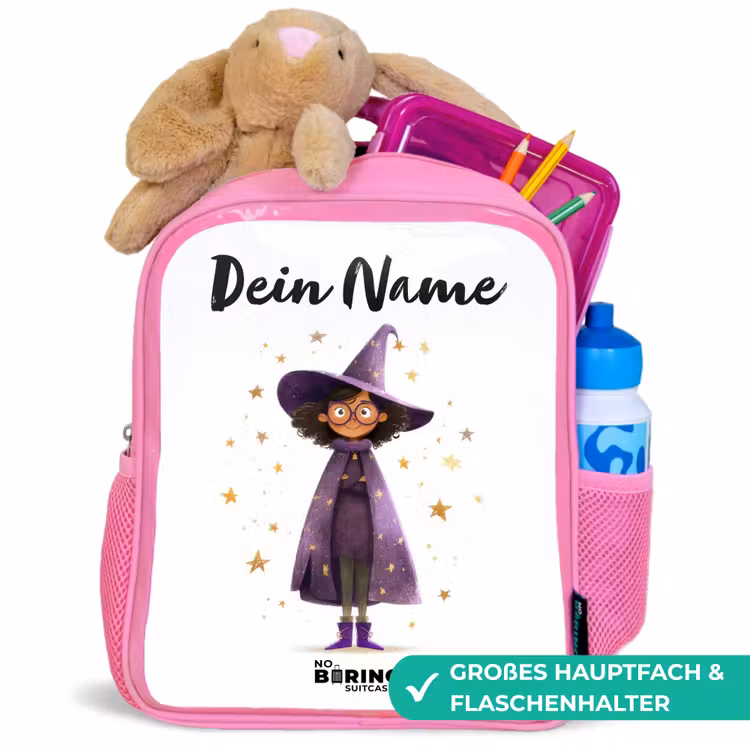 De paarse tovenaarsmantel Kinderrugzak - Roze middel -inhoud_DE