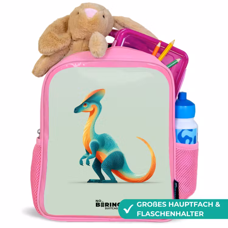 Dino - Blauw - Dier Kinderrugzak - Roze middel -inhoud_DE