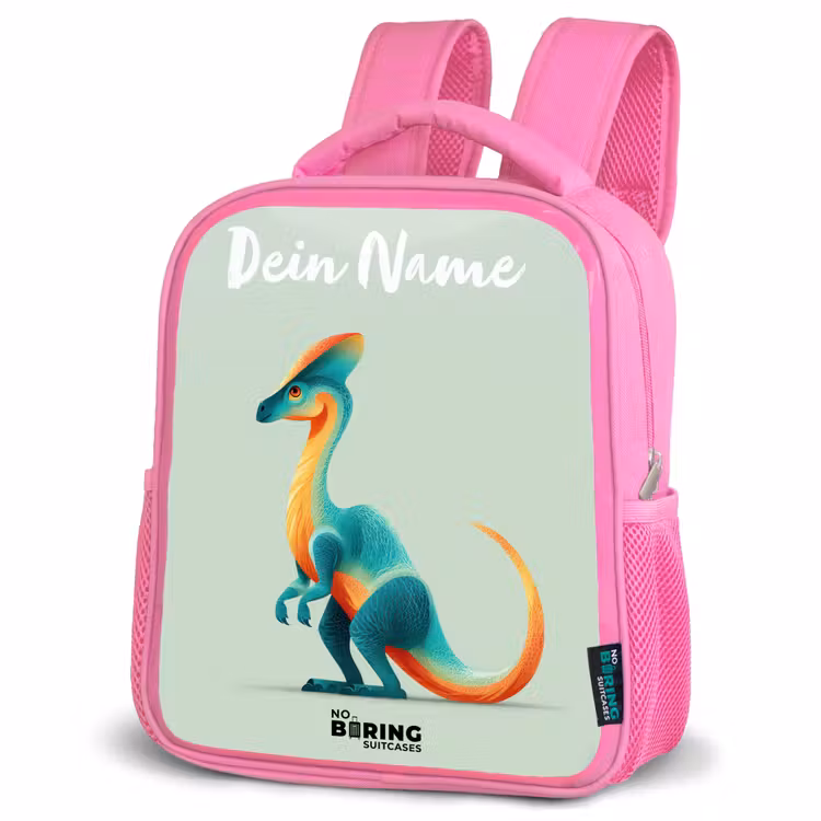 Dino - Blauw - Dier Kinderrugzak - Roze middel -schuin