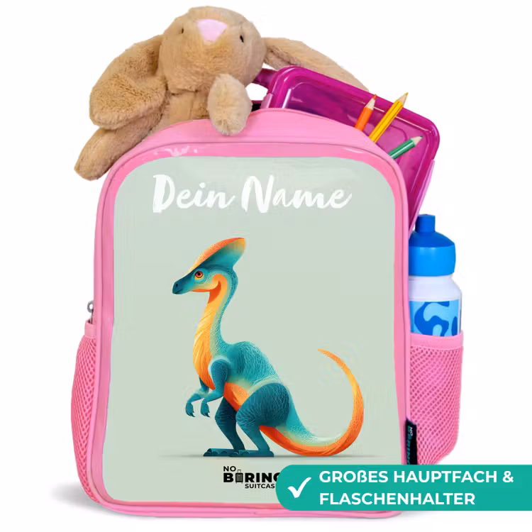 Dino - Blauw - Dier Kinderrugzak - Roze middel -inhoud_DE