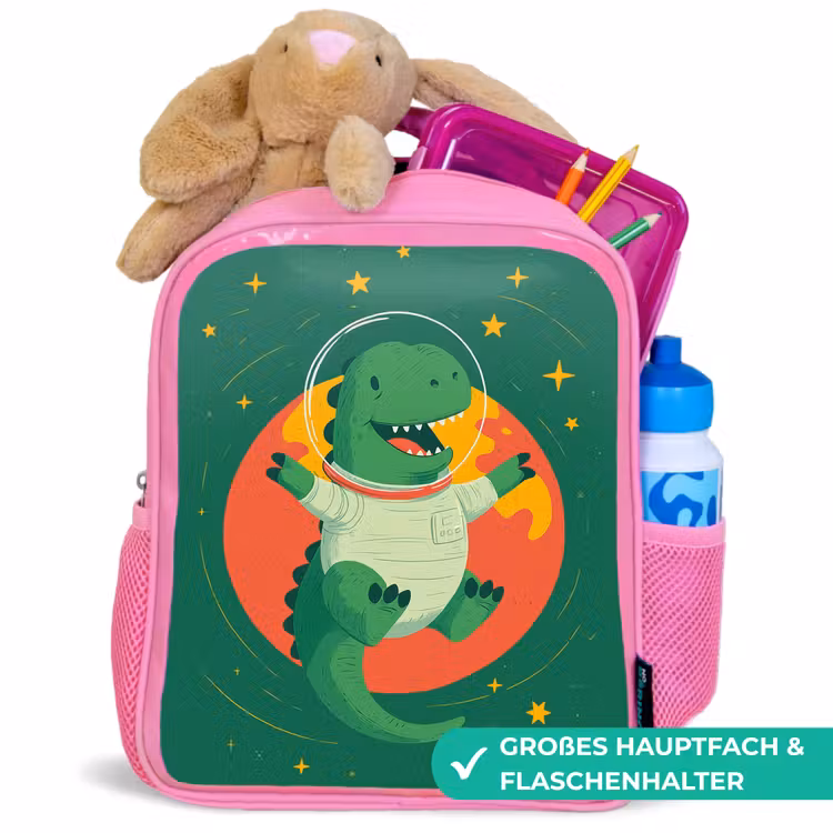 Dino - Groen - Planeet Kinderrugzak - Roze middel -inhoud_DE