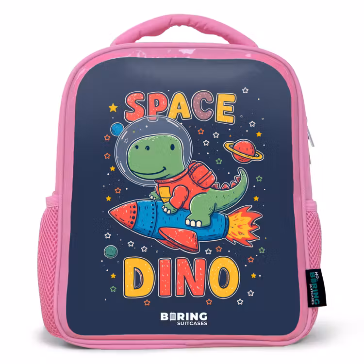 Dino - Groen - Raket - Sterren Kinderrugzak - Roze middel -3d