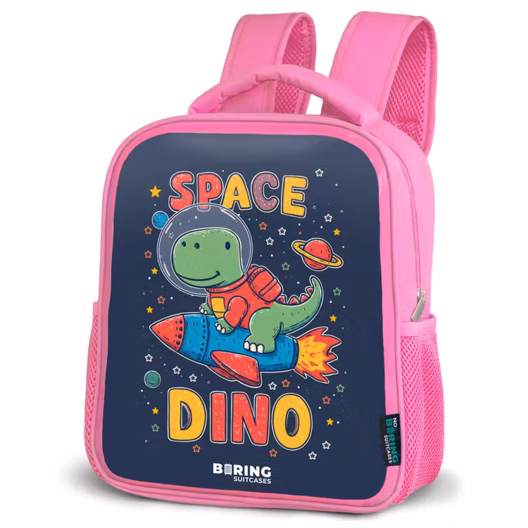 Dino - Groen - Raket - Sterren Kinderrugzak - Roze middel -schuin