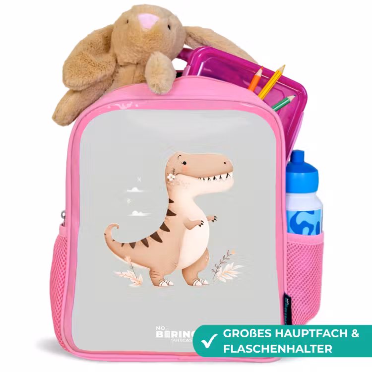 Dino in beige en grijze kleuren Kinderrugzak - Roze middel -inhoud_DE