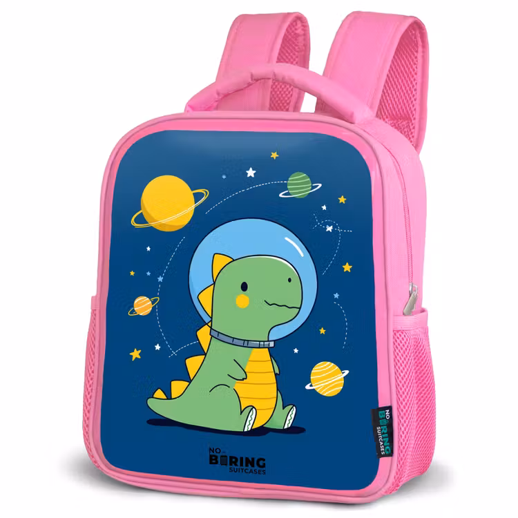 Dino - Planeet - Ster - Blauw Kinderrugzak - Roze middel -schuin
