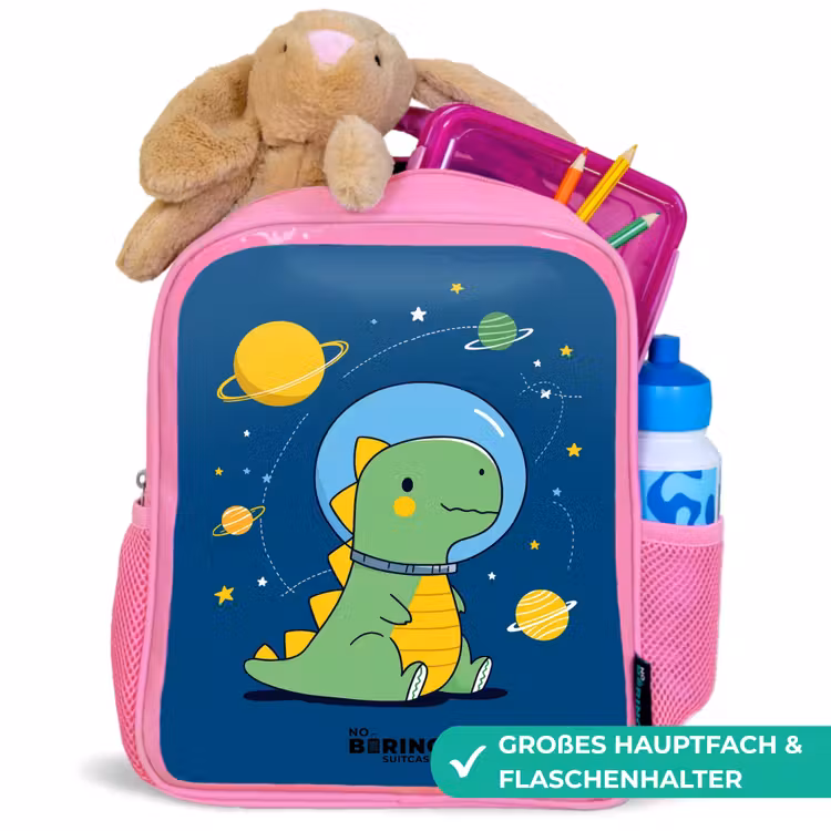 Dino - Planeet - Ster - Blauw Kinderrugzak - Roze middel -inhoud_DE