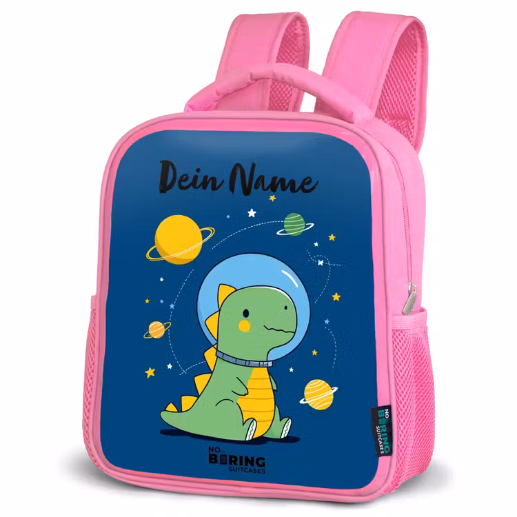 Dino - Planeet - Ster - Blauw Kinderrugzak - Roze middel -schuin