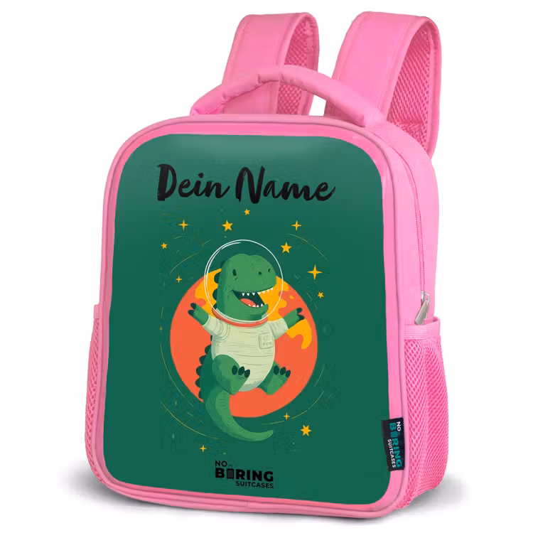 Dino - Planeet - Sterren - Groen Kinderrugzak - Roze middel -schuin