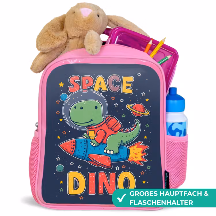 Dino - Raket - Kleurrijk Kinderrugzak - Roze middel -inhoud_DE