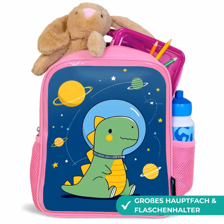 Dino - Ruimte - Planeten Kinderrugzak - Roze middel -inhoud_DE