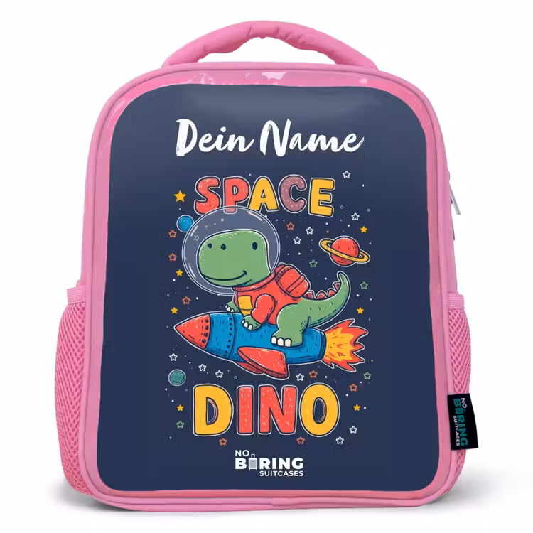 Dinosaurus - Groen - Raket - Sterrenhemel Kinderrugzak - Roze middel -3d