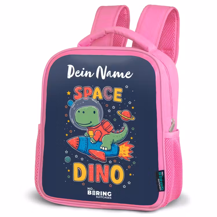 Dinosaurus - Groen - Raket - Sterrenhemel Kinderrugzak - Roze middel -schuin